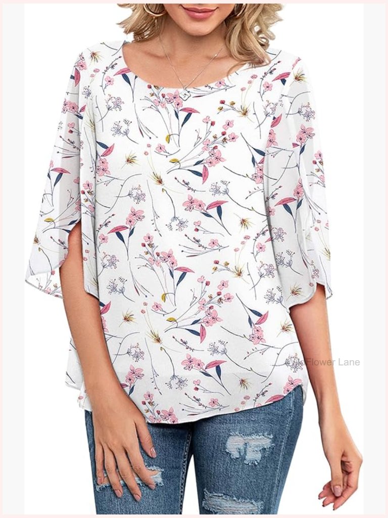 Women's Chiffon Scoop Neck 3/4 Ruffle Sleeve Blouse Loose Fit Tunic Top